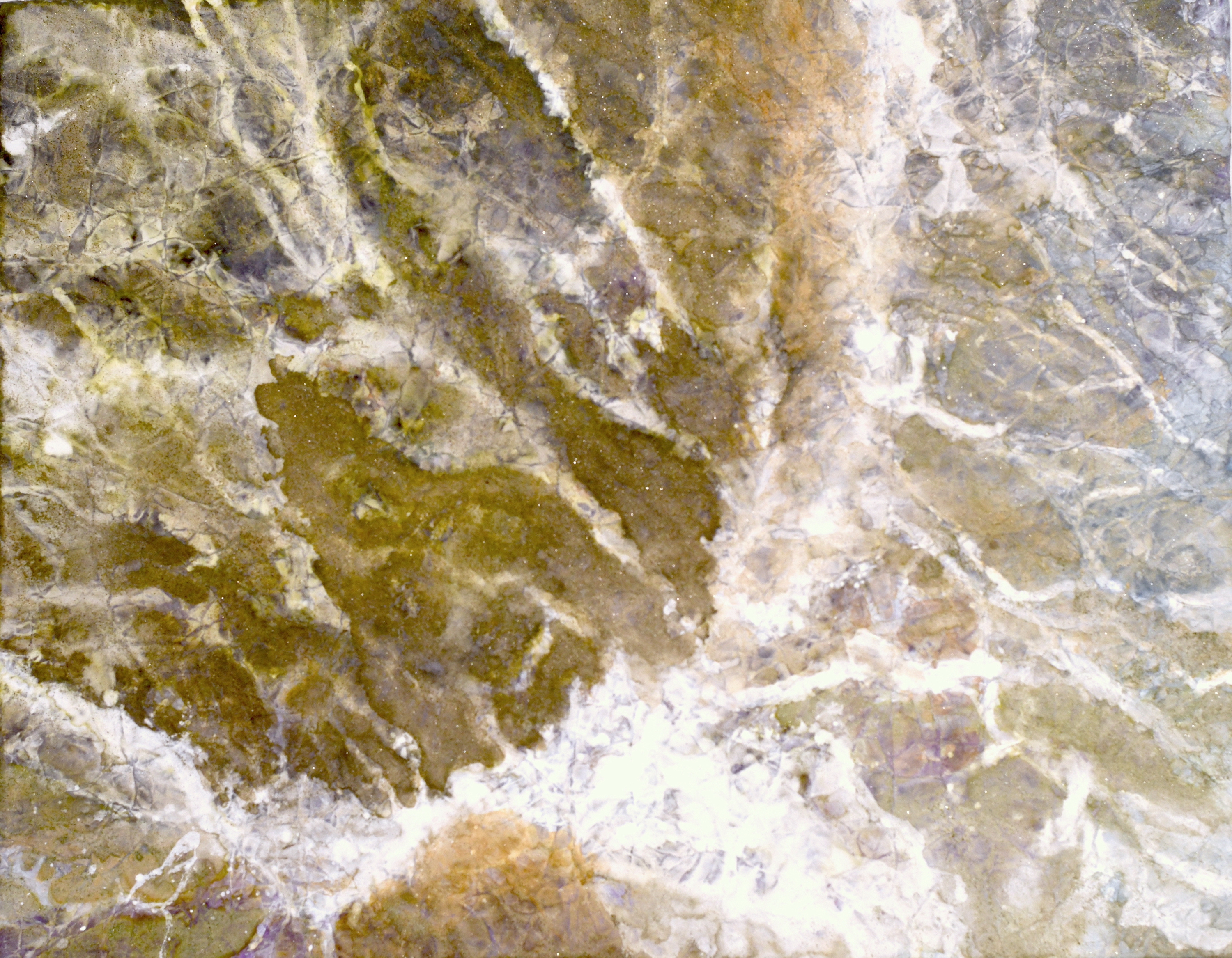 Mineral pigment painting of rushing water in greens and browns with white foam